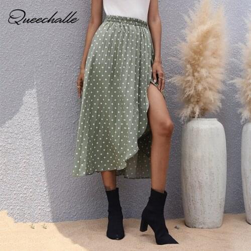 Dots Floral Print Midi Skirt Women Elastic High Waist Skirt Sexy Split Casual Long Skirts for Women Spring Summer Elegant Bottom