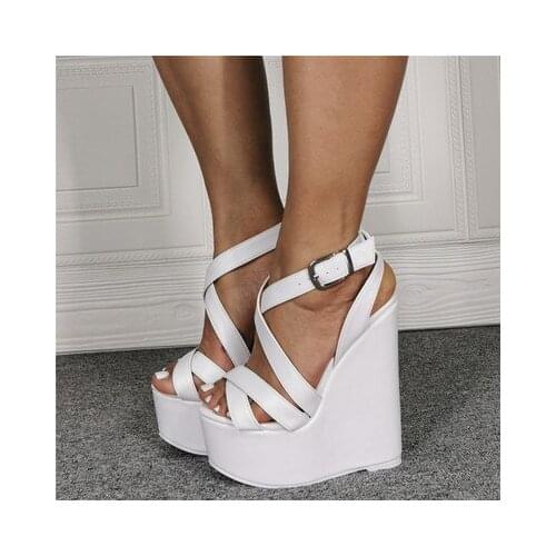 Real photo summer women sandals high platform strappy white leather romana wedge Shoes open toe sandles big size 41 42 43 47