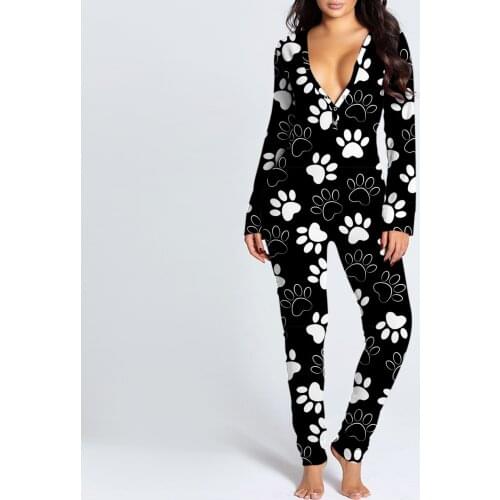 Fashion footprint Prints Back Front Onesies woman female Functional Buttoned Flap Jumpsuit deep v-neck comfortable Onesies