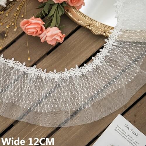 12CM Wide White Tulle Double Layers Mesh Pleated Lace Fabric Embroidered Ruffle Trim DIY Curtains Skirt Hemlines Stitched Decor
