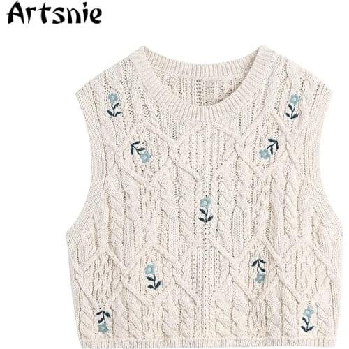 Artsnie Vintage Embroidery Sweater Vest Women Autumn O Neck Sleeveless Pull Femme Streetwear Beige Ladies Knit Vest Sweaters