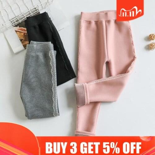 Girls Plus Velvet Leggings 2020 Winter Baby Clothing Lace Side Outer Wear Nine-Point Pants Children Thick Trousers Christmas New