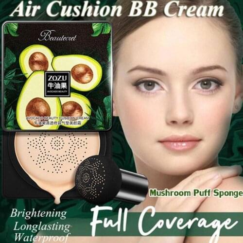 Air Cushion BB Cream Avocado Foundation Whitening Concealer Longlasting Waterproof Brighten Face Base Tone with Mushroom Puff