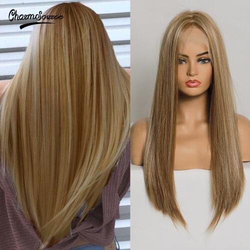 CharmSource Long Front Lace Synthetic Wigs Blonde with Highlight for Black White Women Daily Hair High Density Heat Resistant