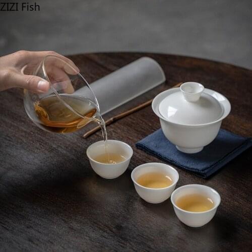White Porcelain Cover Bowl Portable Travel Kung Fu Tea Set One Pot Three Cups Chinese Tea Ceremony Glass Tea Sea Gift for Friend