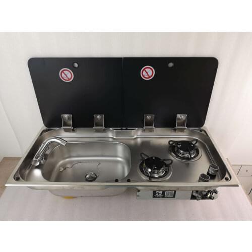 Boat Caravan RV Camper 2 Burner LPG Gas Stove Hob and Sink Combo with 2 Tempered Glass Top 775*365*150/120mm GR-904LD