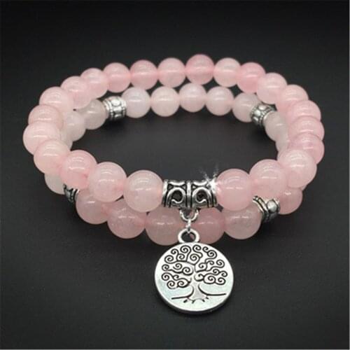 Hot Sale 8mm Pink Crystal Set Bracelet Tree of Lift Pendant Chakra Yoga Stone Beads Strand Bracelet Female Jewelry Wholesale