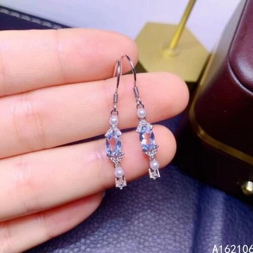 Fine Jewelry 925 Pure Silver Chinese Style Natural Aquamarine Girl Luxury Popular Pearl Oval Gem Earrings Eardrop Support Detect