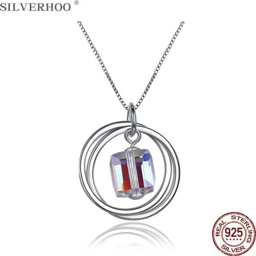 SILVERHOO 925 Sterling Silver Simple Circle Pendant Necklaces For Women Geometry Square Austria Crystal Necklace Charms Jewelry