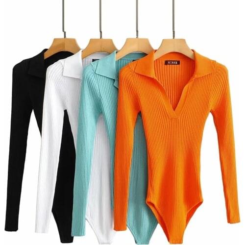 One Piece Women Knitted Solid Turn-down Collar Long Sleeve Black White Orange Blue V Neck Bodysuit Bodycon Jumpsuit