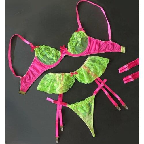 New womens sexy fluorescent lace embroidered garter underwear set steel ring gathered bra mesh perspective thong lingerie set