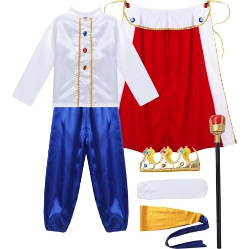 Boys Prince Outfit Kids Medieval King Costume Tops Pants Belt Cloak Crown Socks Set Children Halloween Cosplay Party Dress Up