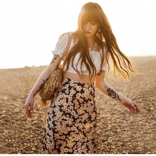 Summer Satin Daisy Floral Print Mermaid Chic Skirt Elegant Bodycon High Waist Holiday Casual Slim Midi Skirt Mujer Jupe Femme