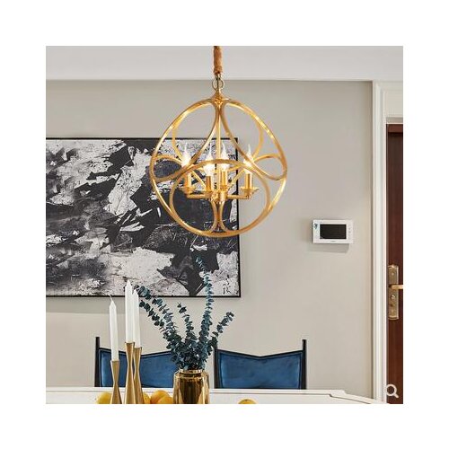 All copper American simple round dining room chandelier three color change light LED compound staircase study dining room pure c