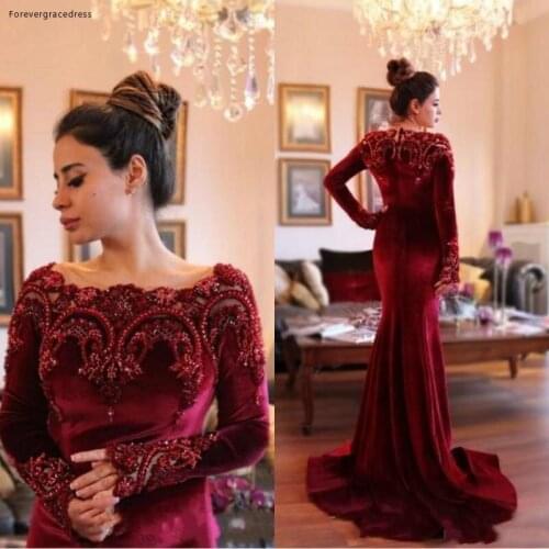 2019 Arabic Dubai Burgundy Velvet Evening Dress with Beaded Collar Long Sleeves Formal Holiday Wear Prom Party Gown Plus Size