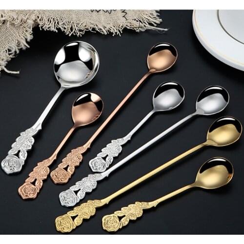 304 Stainless Steel Dinnerware Set Spoon Rose Design Tea Spoon Dessert Coffee Ice Cream Spoons Kitchen Accessories Bar Tools