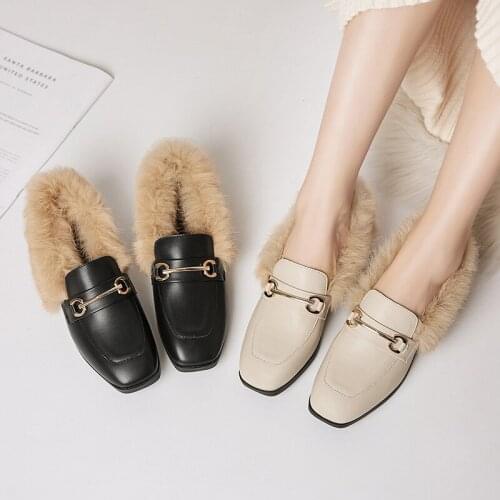 New Fluffy Shoes Womens Chunky Heel Straight-Line Buckle Square Leather Mink Fur Autumn and Winter Wear Muller Womens Shoes