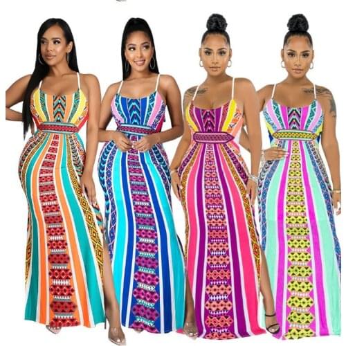 Zoctuo New Slim Sexy Sling Dress Fashion Digital Printing Long Slit Dress Mid-Waist Party A-line Long Skirt Summer 2021