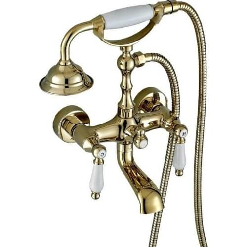 Modern Luxury Golden Brass Wall Mount Bathroom Tub Faucet Set with 1.5M Handheld Shower Spray Head Mixer Tap 2tf135
