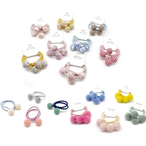 2pcs in Handmade girls fabric Fluffy beads knotted Hair Elastics Bands Gums toddler Hair ties Accessories ponytail holder