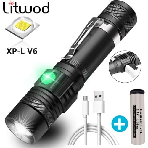 Ultra Bright LED Flashlight With XP-L V6 LED Lamp Beads Waterproof Fishing Torch Zoomable 4 Modes Multi-function USB Charging