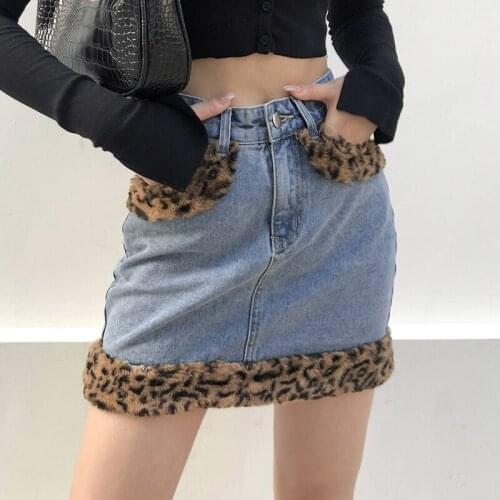 Vintage Leopard Faux Fur Patchwork High-Waisted Skirts Women Lady Trendy 2020 Harajuku Denim Pocket Pencil Mini Skirts Saias