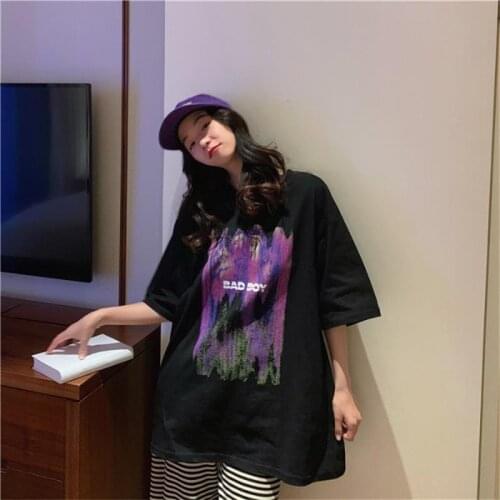 Female Korean Harajuku Loose Letter Print Vintage Tshirt Womens T-shirts Tops Japanese Kawaii Ladies Ulzzang Clothes For Women