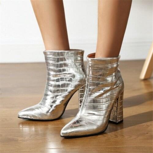 PXELENA 7 Colors 2021 European Fashion Women Ankle Boots Block High Heels Winter Shoes Lady Pointed Toe Office Gold Silver 34-43