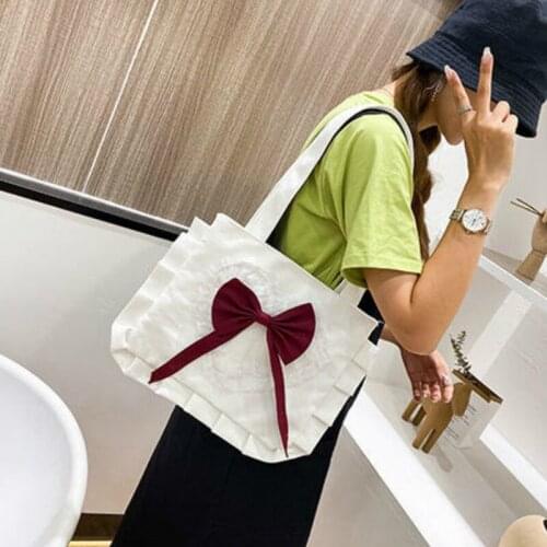 Top-Handle Bags Women Bow Ruffles Casual Canvas Bags Japanese Style Kawaii Sweet Tote Bag Handbags Trendy Harajuku Ins Shopping