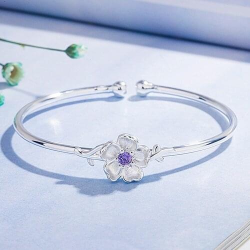 Cherry Sakura Pink Austrian Crystal Flowers Bangel Cuff Bracelets for Women Girl Sterling Silver 925 Color Jewelry Cute Gifts