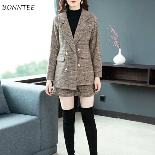 Women Sets Autumn Plus Size 3XL Plaid Double Breasted Tops Button Fly Shorts Fashion Korean Style Casual Elegant Chic Loose Ins