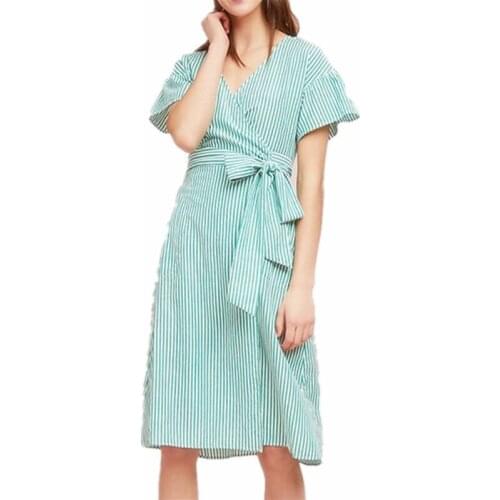 Summer Women Dress Srtiped Tie Waist Beach Dresses Female Slim Short Sleeve Sun Cover Up Fall Autumn One-piece Coverup Polyester