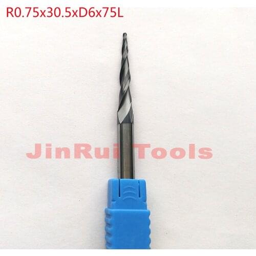 1pc R0.75*D6*30.5*75L*2F HRC55 Tungsten solid carbide Coated Tapered Ball Nose End Mills CNC milling cutters knife