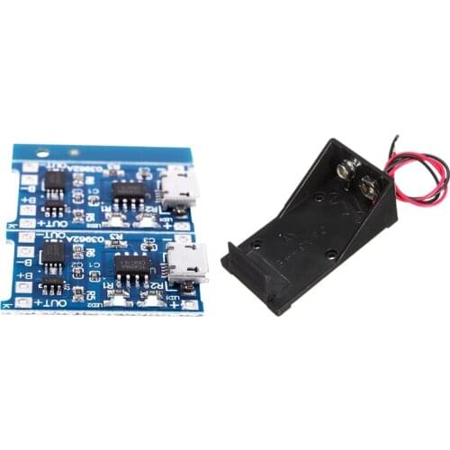 2PCS Blue 5V Micro-USB 1A 18650 Lithium Battery Charging Board with DC 9V Battery Holder with Lead Wire