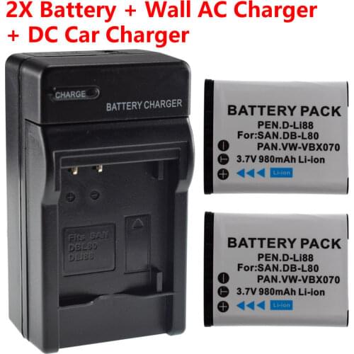 2x DB-L80 L80A L80AU Battery + AC Wall Charger + Car Plug for SANYO Xacti VPC-x1200 X1250 X1420 Camera