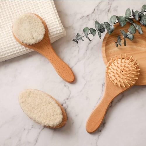 3 Pc/Set Newborn Baby Natural Wool Baby Wooden Brush Comb Set Infant Comb Head Massager Portable Bath Brush Comb Gift for Kids