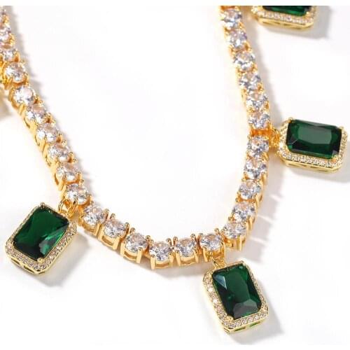 Bling Iced Out Cubic Zirconia 5mm Tennis Chain With Green Square Pendant For Women Fashion Hip Hop Jewelry Gifts