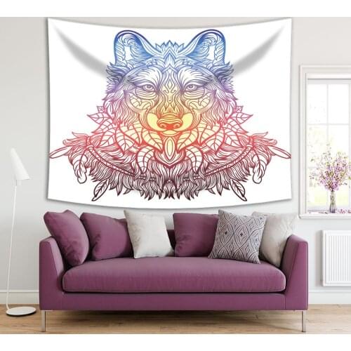 Tapestry Wolf Head Portrait Wild Animal Ethnic Floral Doodle Pattern Coloring Artwork Blue Red Yellow
