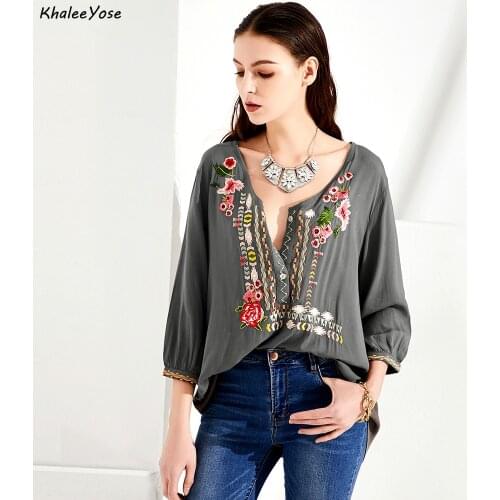 KHALEE YOSE Boho Floral Embroidery Blouses Shirt Cotton Spring Mexican Shirt Long Sleeve Plus Size Button Front 3xl Ethnic Shirt