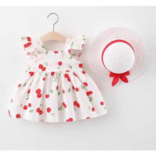 Summer Girls Princess Cute Dresses for Baby with Free Hat Cherry Cotton Thin Cool Sleeveless Skirt Kids Pink Red Dress 6M-3Y