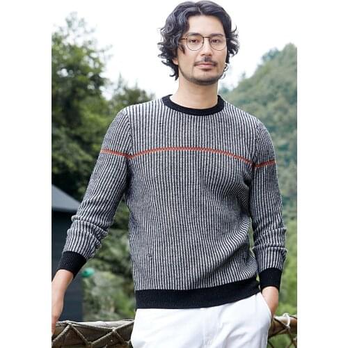 Zhili Mens Kint Black Stripes Long Sleeve Winter Wool Sweater