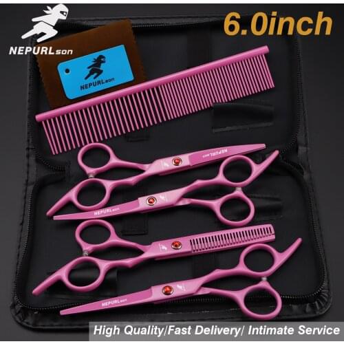 6 inch pink stainless steel pet scissors hairdressing set 4 piece set combination bending scissors thinning special scissors