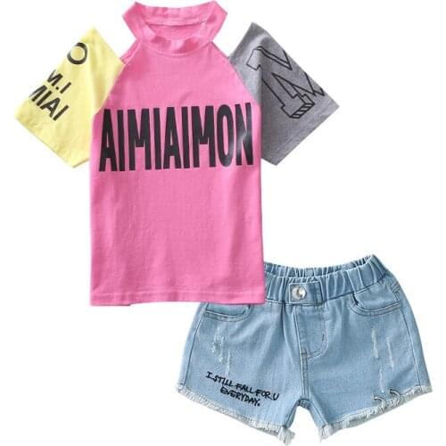 Girl Clothes Summer Off-The-Shoulder Short Sleeves Two-Color Sleeve Printed Letters T-Shirt+Pants 2-Piece Set CUHK Kids Clothing