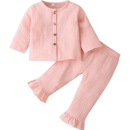 Newborn Baby Girls Cotton Outfit Long Sleeve Single Breasted Shirt Top Flare Pants Autumn Spring Toddler Solid Set 6-24M