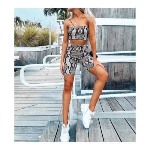 Women Autumn Casual Shinny Tube Jumpsuits Sexy Snakeskin Skinny Bodycon Outfits Short Strapless Top & Elastic Waist Shorts