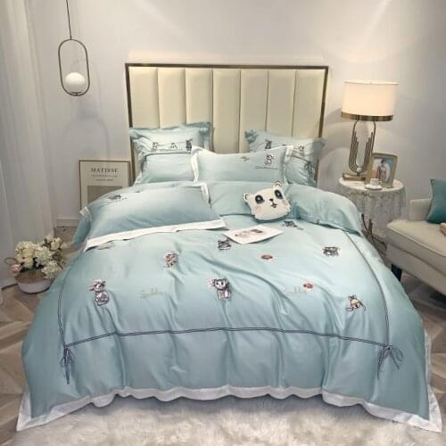 Luxury 600TC egyptian cotton Queen King Bedding Set 4/7pcs Bed cover Bedsheet Duvet Cover cat embroidery Bed set