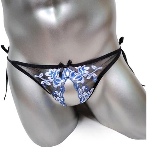 Luxury Embroidered Floral G-String Thong For Mens Sissy Sexy Underwear Transparent Lace Mesh Gay Panties Butt Crotch Open