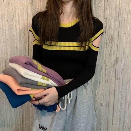 Ripped Long-sleeved Sweater Womens Fall/winter New Round Neck Slim Bottoming Shirt Striped Contrast Color Sexy Sweater