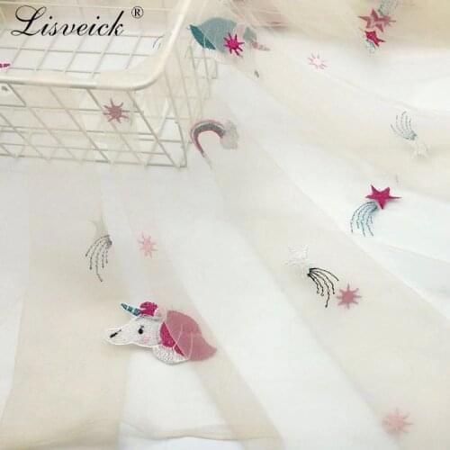 1yard/lot 130cm unicorn embroidered soft tulle horse printed mesh fabric girls clothes dress material birthday wedding decoratio