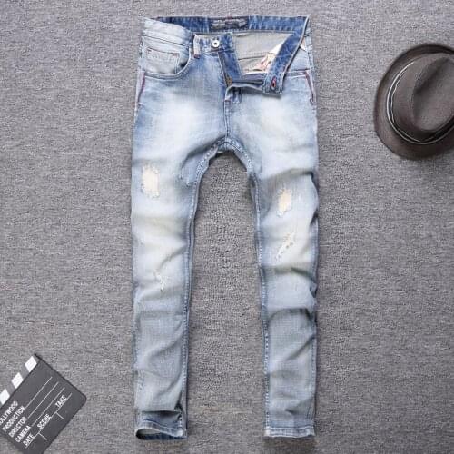 Fashion Streetwear Men Jeans High Quality Retro Light Gray Blue Elastic Slim Ripped Jeans Men Korean Style Casual Denim Pants